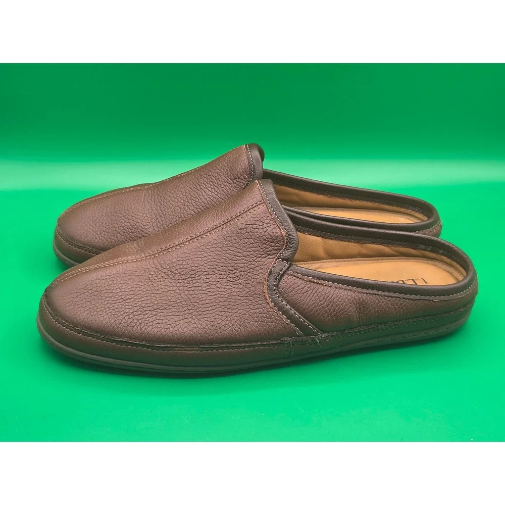LL Bean Mens Handsewn Leather Slippers Brown Scuff House Shoes 13 M 272349